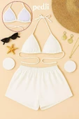 Kadın Beyaz Şortlu Belden ve Boyundan Bağlamalı Bikini Takımı thumbnail 1