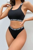 Kadın Siyah Çapraz Sırt ve Love Lastik Detaylı Sütyen Külot Takım thumbnail 3