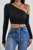 Kadın Siyah Tek Omuz Detaylı Uzun Kol Crop Top Bluz thumbnail 1