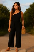 Kadın Siyah Tek Omuzlu Şık Bluz & Geniş Paça Pantolon İkili Takım thumbnail 3