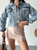 BİÇOMİ Çift kapaklı püsküllü crop buz mavi d2002 thumbnail 5