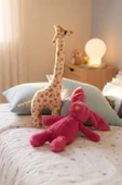 2’li Peluş Zürafa ve Koyu Pembe Tavşan Seti Hediyelik Sevimli Oyuncak - 1