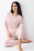 Pierre Cardin Paris Büyük Beden Kadın Modal Pamuklu Pembe Düğmeli Uzun Kollu Pijama Takım - 1