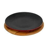 Lava Döküm Yuvarlak Servis Tabağı ve Kayın Servis Ahşabı. Çap(Ø)25cm.-Bordo thumbnail 2