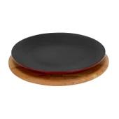 Lava Döküm Yuvarlak Servis Tabağı ve Kayın Servis Ahşabı. Çap(Ø)25cm.-Bordo thumbnail 1