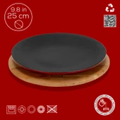 Lava Döküm Yuvarlak Servis Tabağı ve Kayın Servis Ahşabı. Çap(Ø)25cm.-Bordo thumbnail 4