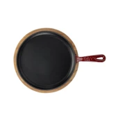 Lava Döküm Yuvarlak Pizza Krep Pankek Tavası Döküm Demir Yekpare Saplı Kayın Servis Ahşabı Çap(Ø)20cm.-Bordo thumbnail 3