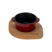 Lava Döküm Yuvarlak Sufle / Sos Kabı ve Ahşap Altlığı. Çap(Ø)8cm.-Bordo - 1