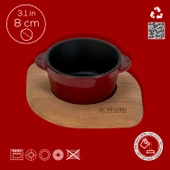 Lava Döküm Yuvarlak Sufle / Sos Kabı ve Ahşap Altlığı. Çap(Ø)8cm.-Bordo - 4