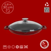 Lava Döküm Yuvarlak Kızartma Tavası Cam Kapaklı Döküm Demir Yekpare Çift Kulplu Çap(Ø)30cm.-Bordo thumbnail 4