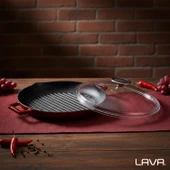 Lava Döküm Yuvarlak Izgara Tavası Cam Kapaklı Döküm Demir Yekpare Çift Kulplu Çap(Ø)30cm.-Bordo thumbnail 7