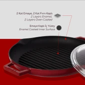 Lava Döküm Yuvarlak Izgara Tavası Cam Kapaklı Döküm Demir Yekpare Çift Kulplu Çap(Ø)30cm.-Bordo thumbnail 6