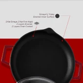 Lava Döküm Yuvarlak Kızartma Tavası Cam Kapaklı Döküm Demir Yekpare Çift Kulplu Çap(Ø)30cm.-Bordo thumbnail 6