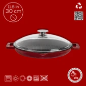 Lava Döküm Yuvarlak Izgara Tavası Cam Kapaklı Döküm Demir Yekpare Çift Kulplu Çap(Ø)30cm.-Bordo thumbnail 4