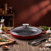 Lava Döküm Yuvarlak Kızartma Tavası Cam Kapaklı Döküm Demir Yekpare Çift Kulplu Çap(Ø)30cm.-Bordo thumbnail 7