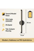 luxshome Kılıç Modern Pilli Aplik Tak Çalıştır Kablosuz Ledli Aplik Pil Dahildir 35cm Siyah Kasa - Sarı Işık thumbnail 3