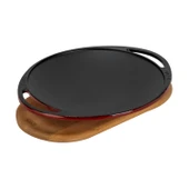 Lava Döküm Yuvarlak Saç Kavurma Tavası Döküm Demir Yekpare Çift Kulplu Kayın Servis Ahşabı Çap(Ø)28cm.-Bordo thumbnail 2