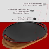 Lava Döküm Yuvarlak Saç Kavurma Tavası Döküm Demir Yekpare Çift Kulplu Kayın Servis Ahşabı Çap(Ø)28cm.-Bordo thumbnail 6