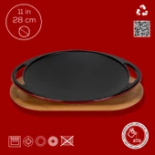 Lava Döküm Yuvarlak Saç Kavurma Tavası Döküm Demir Yekpare Çift Kulplu Kayın Servis Ahşabı Çap(Ø)28cm.-Bordo thumbnail 4