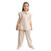 Fiyonklu Nakışlı Keten Kız Çocuk Gömlek Naturel - 1