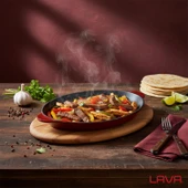 Lava Döküm Oval Fajita Tabağı Döküm Demir Yekpare Çift Kulplu Kayın Servis Ahşabı Ölçü 18x24cm.-Bordo thumbnail 7