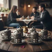 Yonca Desenli 6 Kişilik Porselenli Kapaklı 24 Parça Kalay Renk Fincan Seti - 1