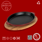 Lava Döküm Oval Fajita Tabağı Döküm Demir Yekpare Çift Kulplu Kayın Servis Ahşabı Ölçü 18x24cm.-Bordo thumbnail 4