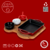 Lava Döküm Dikdörtgen Sahan Döküm Demir Yekpare Çift Kulplu Kayın Servis Ahşabı Ölçü 12x15cm. (Sos kapları dahil değildir.)-Bordo thumbnail 4