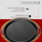 Lava Döküm Oval Fajita Tabağı Döküm Demir Yekpare Çift Kulplu Kayın Servis Ahşabı Ölçü 18x24cm.-Bordo thumbnail 6
