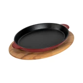 Lava Döküm Oval Fajita Tabağı Döküm Demir Yekpare Çift Kulplu Kayın Servis Ahşabı Ölçü 18x24cm.-Bordo thumbnail 2