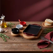 Lava Döküm Dikdörtgen Sahan Döküm Demir Yekpare Çift Kulplu Kayın Servis Ahşabı Ölçü 12x15cm. (Sos kapları dahil değildir.)-Bordo thumbnail 7