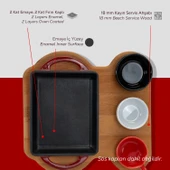 Lava Döküm Dikdörtgen Sahan Döküm Demir Yekpare Çift Kulplu Kayın Servis Ahşabı Ölçü 12x15cm. (Sos kapları dahil değildir.)-Bordo thumbnail 6