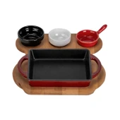 Lava Döküm Dikdörtgen Sahan Döküm Demir Yekpare Çift Kulplu Kayın Servis Ahşabı Ölçü 12x15cm. (Sos kapları dahil değildir.)-Bordo thumbnail 1