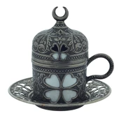 Yonca Desenli 6 Kişilik Porselenli Kapaklı 24 Parça Kalay Renk Fincan Seti - 5