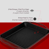 Lava Döküm Dikdörtgen Izgara Tavası Döküm Demir Yekpare Çift Kulplu Ölçü 26x32cm.-Bordo thumbnail 6