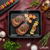 Lava Döküm Dikdörtgen Izgara Tavası Döküm Demir Yekpare Çift Kulplu Ölçü 26x32cm.-Bordo thumbnail 7