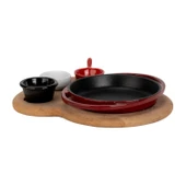 Lava Döküm Yuvarlak Sahan Döküm Demir Yekpare Çift Kulplu Kayın Servis Ahşabı Çap(Ø)16cm. (Sos Kapları Dahil Değildir.)-Bordo thumbnail 2