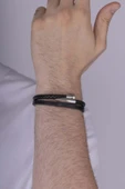Gümüş Pazarım Çelik Aparatlı İğne Model Erkek Deri Bileklik thumbnail 2