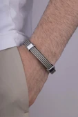 Gümüş Pazarım Şeritli 4 Sıra Örgü Model Erkek Deri Bileklik - 2