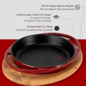 Lava Döküm Yuvarlak Sahan Döküm Demir Yekpare Çift Kulplu Kayın Servis Ahşabı Çap(Ø)20cm.-Bordo thumbnail 6