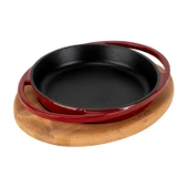 Lava Döküm Yuvarlak Sahan Döküm Demir Yekpare Çift Kulplu Kayın Servis Ahşabı Çap(Ø)20cm.-Bordo thumbnail 2