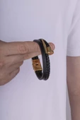 Gümüş Pazarım Altın Kaplama Çelik Aparatlı İğne Model Erkek Deri Bileklik thumbnail 3