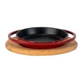 Lava Döküm Yuvarlak Sahan Döküm Demir Yekpare Çift Kulplu Kayın Servis Ahşabı Çap(Ø)20cm.-Bordo thumbnail 1