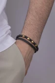 Gümüş Pazarım Çelik Aparatlı Oniks Taşlı Çift Sıra Erkek Deri Bileklik thumbnail 1