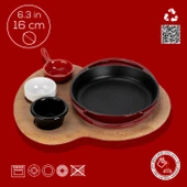 Lava Döküm Yuvarlak Sahan Döküm Demir Yekpare Çift Kulplu Kayın Servis Ahşabı Çap(Ø)16cm. (Sos Kapları Dahil Değildir.)-Bordo thumbnail 4