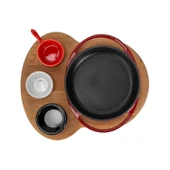 Lava Döküm Yuvarlak Sahan Döküm Demir Yekpare Çift Kulplu Kayın Servis Ahşabı Çap(Ø)16cm. (Sos Kapları Dahil Değildir.)-Bordo thumbnail 3