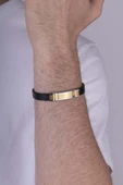 Gümüş Pazarım Çelik Aparatlı Çift Renk Erkek Deri Bileklik thumbnail 2