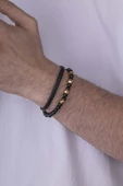 Gümüş Pazarım Çelik Aparatlı Oniks Taşlı Çift Sıra Erkek Deri Bileklik thumbnail 2