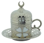 SENA Yonca Desenli 6 Kişilik Porselenli Kapaklı 24 Parça Gümüş Renk Fincan Seti - 6