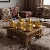 SENA Yonca Desenli 6 Kişilik Porselenli Kapaklı 24 Parça Altın Renk Fincan Seti - 1